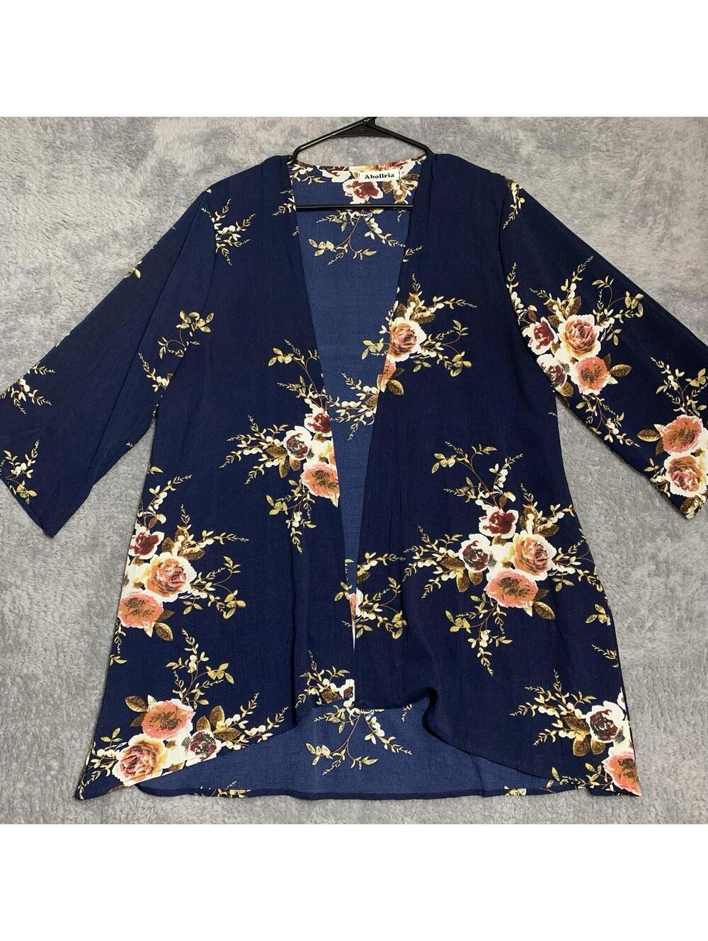 Abollria Floral Kimono Cardigan Womens MediumNavy Blue 3/4 Sleeve OpenFront Boho